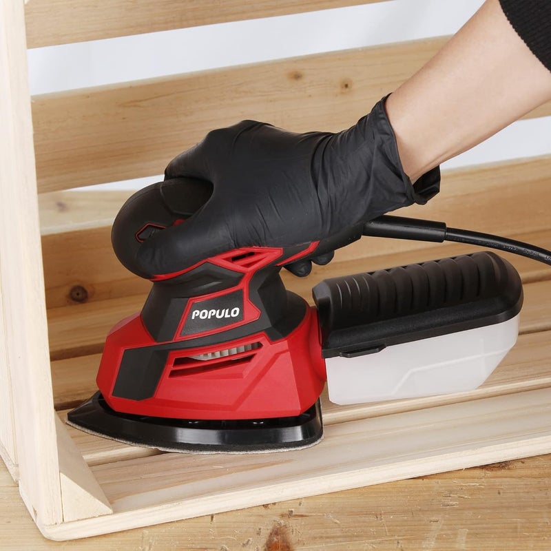 populo Electric Sander Tool,Hand Sander 14,000 OPM with 12 Pieces Sandpapers with Vacuum Attachment, Detail Sander with Dust Box for Woodworking,Suitable for Tight Spaces Sanding,Polishing - Image 2